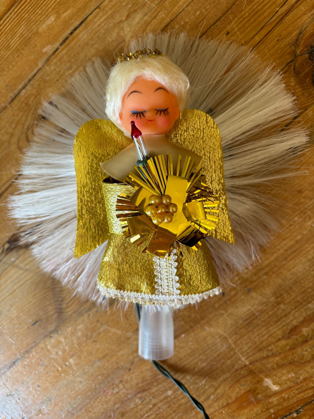 Vintage Angel Tree Topper, Halo of String Lights, Gold Lame Angel