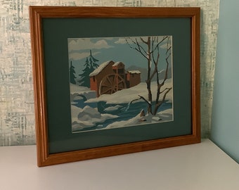 Vintage paint by number water mill snowy scene