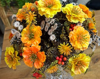 MCM floral arrangement, plastic flowers bouquet, Yellow, MOD Orange, flower bundle, Retro Centerpiece