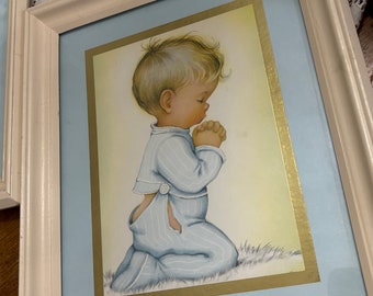 Vintage Baby room wall decor, Little girl and Little boy kneeling in prayer, Bedtime Prayers in Pajamas, by Charlot Byj, Nursery Art.