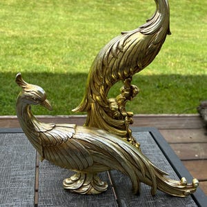 Syroco Peacock Sculptures, Statues, Golden Gilded, MCM, matching pair of Peacock birds, Pheasant, tabletop Statuettes, Vintage.