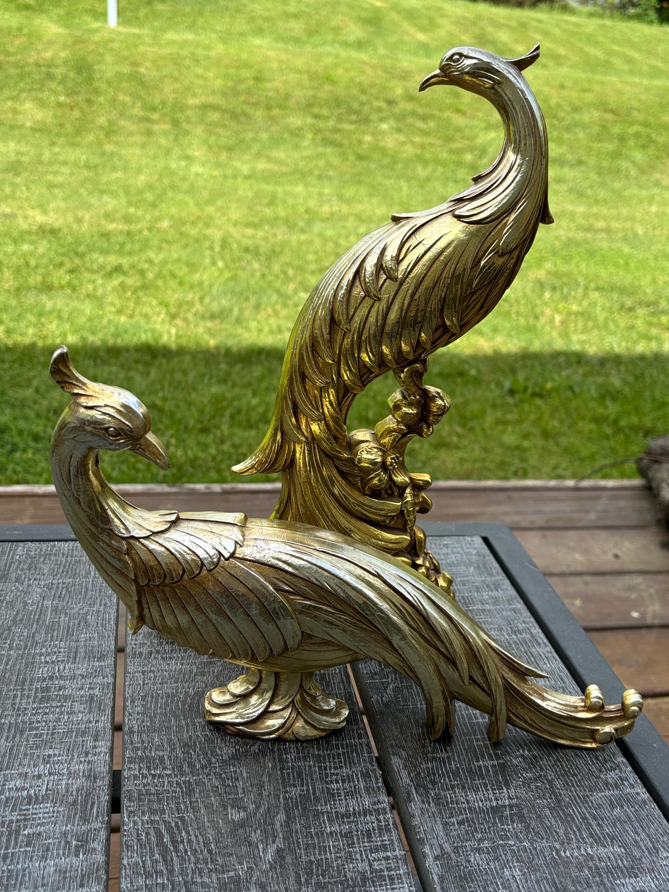 1986年 鳥 置物 Leonard C. Hornick Jr サイン入り Syroco Peacock Sculptures, Statues, Golden Gilded, MCM, Matching