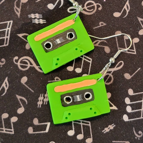 Cassette tape earrings Cute handmade polymer clay 70s 80s 90s aesthetic retro vintage cool neon green painted unique stranger things