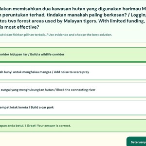 May include: A digital quiz interface featuring a question about Malayan tigers and logging, with four multiple-choice options: Build a wildlife corridor, Add noise to scare prey, Block the connecting river, and Build a car park, plus a success message.
