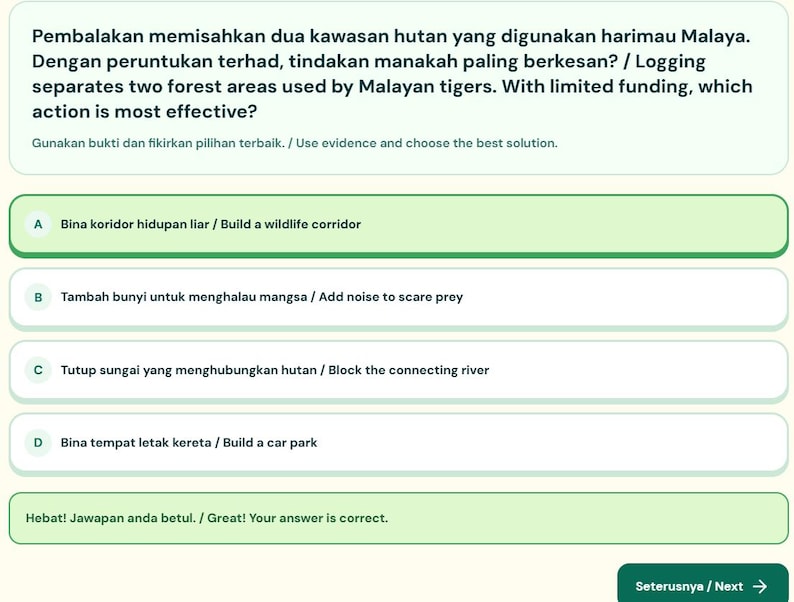 May include: A digital quiz interface featuring a question about Malayan tigers and logging, with four multiple-choice options: Build a wildlife corridor, Add noise to scare prey, Block the connecting river, and Build a car park, plus a success message.