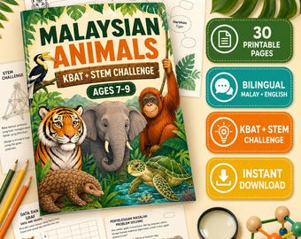 Malaysian Animals KBAT STEM Activity Pack, Bilingual Malay English Worksheets, Printable PDF Ages 7-9