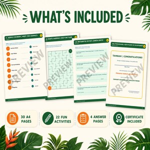 May include: A digital activity pack featuring four pages with jungle-themed educational content, including vocabulary matching, a maze, math problems, and a certificate of achievement, with icons indicating 30 A4 pages and 22 activities.