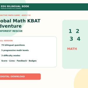 May include: A digital product advertisement for Global Math KBAT Adventure Rainforest Rescue, an interactive math game for ages 7-8. It features 75 bilingual questions, 5 progressive math levels, 3 difficulty modes, and a digital download button.