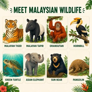 May include: A poster titled MEET MALAYSIAN WILDLIFE featuring eight illustrations of animals: a Malayan tiger, Malayan tapir, orangutan, hornbill, green turtle, Asian elephant, sun bear, and pangolin, each labeled with its name in dark green text.