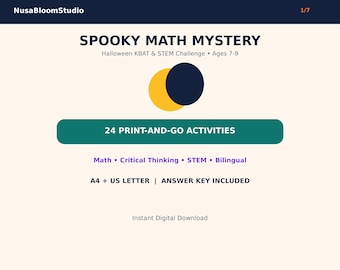 Halloween Math Worksheets Ages 7-9, Spooky Math Mystery, KBAT STEM Activities, Bilingual Printable PDF