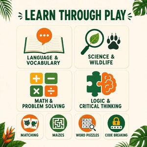 May include: An educational graphic titled LEARN THROUGH PLAY featuring icons for Language & Vocabulary, Science & Wildlife, Math & Problem Solving, Logic & Critical Thinking, Matching, Mazes, Word Puzzles, and Code Breaking with green leaf accents.