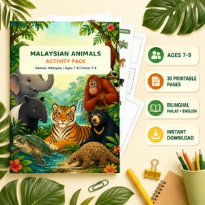 May include: A Malaysian Animals activity pack featuring a cover with an elephant, orangutan, tapir, tiger, sun bear, and pangolin in a jungle setting. The text reads Malaysian Animals Activity Pack, Haiwan Malaysia, Ages 7-9, Umur 7-9.