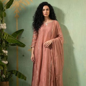 IMAN  Peach Banaras Mul Chanderi 3 Piece A-Line Suit Set