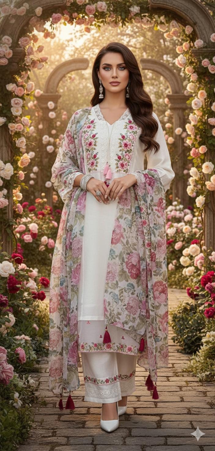Aara Floral Embroidered White Kurta - Silk Blend Salwar Kameez with Chiffon Dupatta
