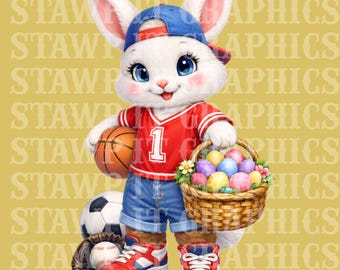 Easter Bunny Boy PNG, Athlete Sports Baby Kid Holiday Digital, Youth Easter Basket Shirt File, Basketball Baseball Soccer Egg Basket Designs