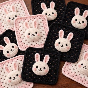 May include: A collection of square crochet coasters featuring a bunny face design. The coasters are in black, white, and pink, with the bunny faces in white with pink accents. The coasters are arranged on a wooden surface.