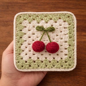 May include: A square, crocheted coaster with a cherry design. The coaster has a cream-coloured centre with a green border and a cream-coloured edge. Two red cherries with green stems and leaves are in the centre.