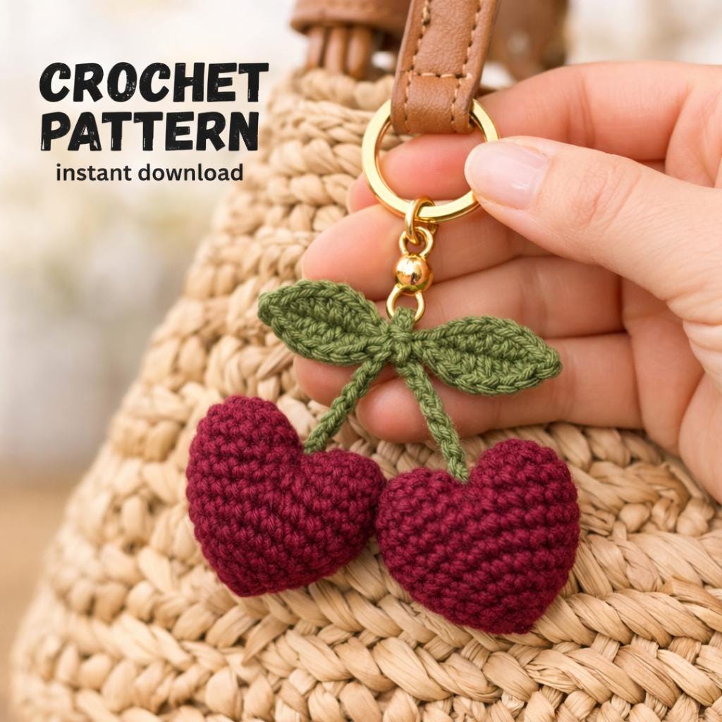 Heart Crochet Keychain Cherry Keychain Amigurumi Easy