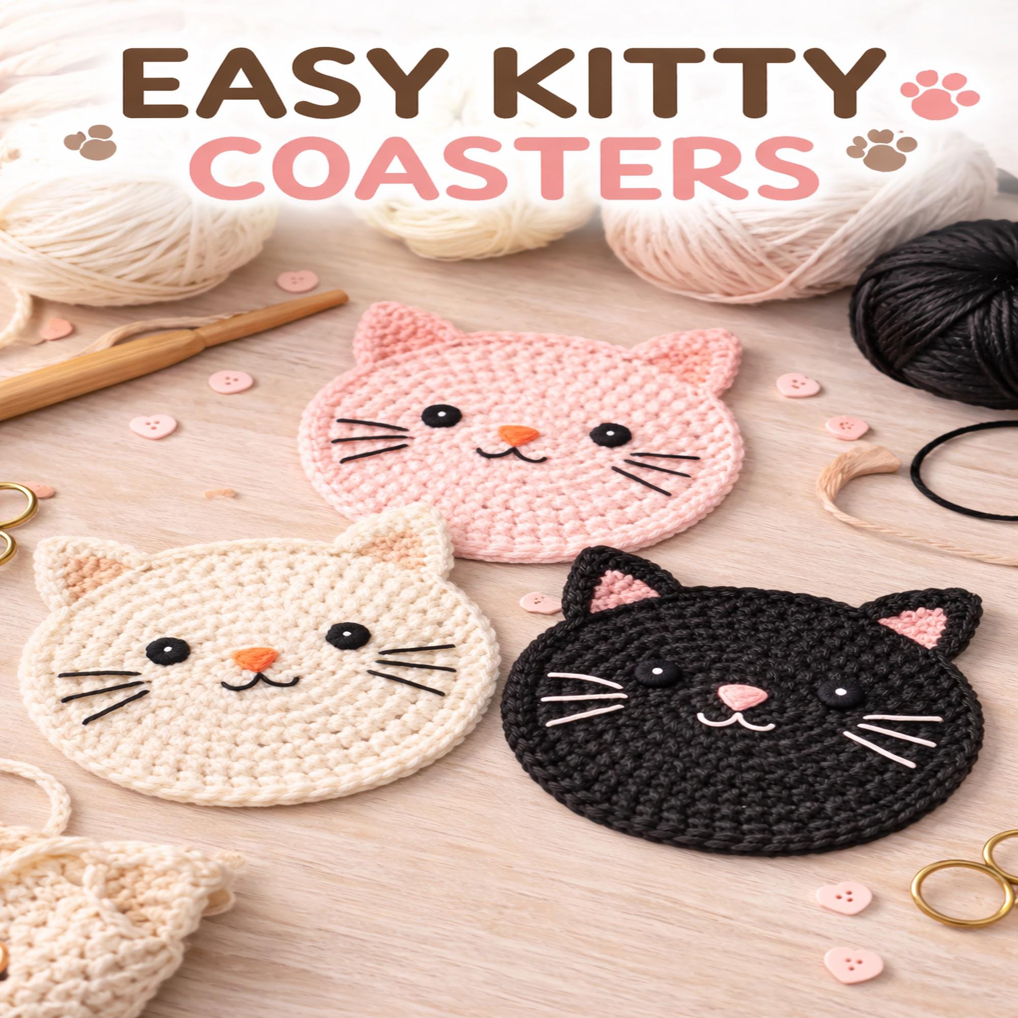 37 Cat Coaster Crochet Patterns for Cat Lovers, Gifts, and Cozy Home Decor 7 Cat Face Crochet Coaster Cute Kitty Coaster Tutorial