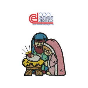 May include: An embroidered patch featuring a Nativity scene with Mary, Joseph, and baby Jesus in a manger. The figures are in a cartoon style with bright colors. The patch includes the text "COOL EMBROIDERY DESIGNS".