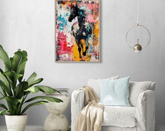 Afdrukbare abstracte paard muurkunst | Kleurrijk modern paardschilderij | Eigentijdse woondecoratie | Direct downloaden