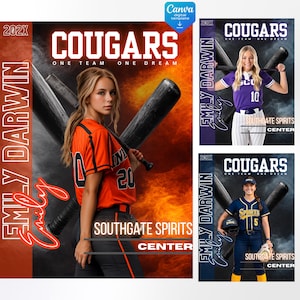 Softball Poster Template Bundle, Editable Canva Softball Senior Poster, Sports Banner Template, Softball Team Photo Poster Design