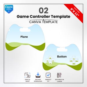 Op de afbeelding: Een digitale gamecontroller-sjabloon met een lichtblauw en groen ontwerp. De sjabloon bevat twee controller-omtrekken, één met het label "Plane" en de andere met "Button". De bladgrootte is 20,32 cm x 27,94 cm. De sjabloon is bewerkbaar in Canva.