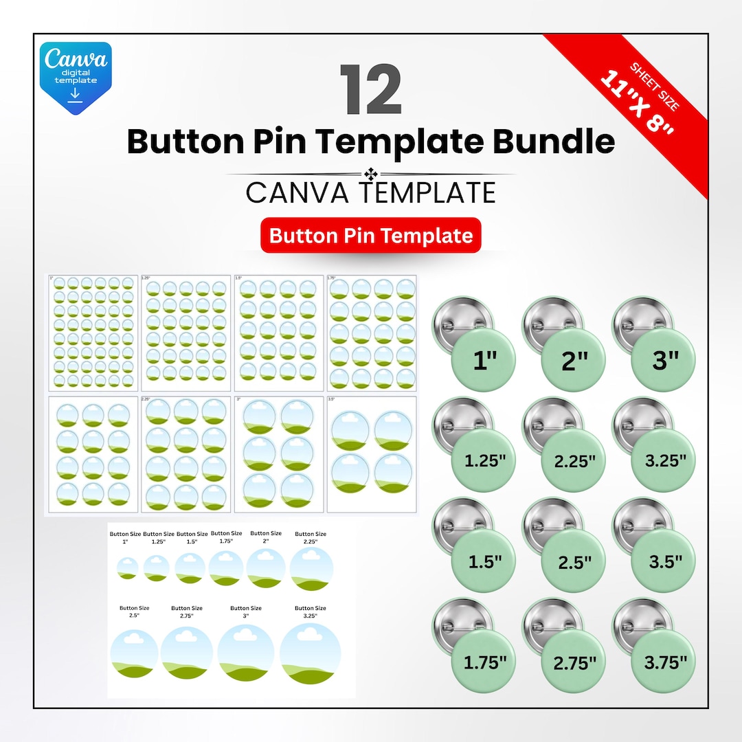 Button Pin Template Bundle, 12 Sizes Editable Canva Button Badge ...