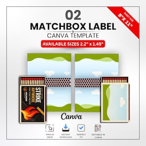 May include: A Canva template for a matchbox label, featuring a design with green hills, blue skies, and clouds. The template includes a matchbox with the text "STRIKE ANYWHERE" and "PREMIUM". Available sizes are 2.2" x 1.45" and the sheet size is 8" x 11".