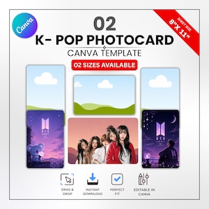 Pode incluir: Um modelo Canva de cartão de fotos K-Pop em um fundo branco. O modelo inclui imagens de amostra e o texto "02 K-POP PHOTOCARD CANVA TEMPLATE 02 SIZES AVAILABLE". O tamanho da folha é 20,3 cm x 28 cm.