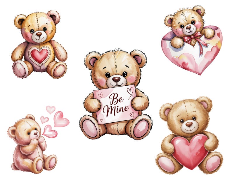Valentine Teddy Bear PNG Bundle 50 Plus Cute Watercolor Bears ...