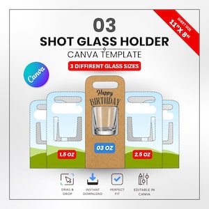 Pode incluir: Um modelo de suporte para copos de shot com o texto "03 SHOT GLASS HOLDER CANVA TEMPLATE". O design inclui três tamanhos de copo diferentes: 4,4 cl, 7,4 cl e 8,9 cl. O suporte é castanho com uma mensagem "Happy Birthday".