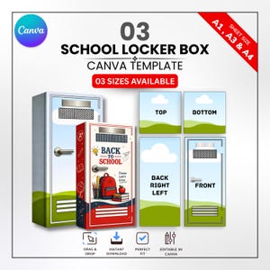 Puede incluir: Plantilla digital de Canva para una taquilla escolar, con un diseño de "Back to School" y una mochila roja. Incluye vistas superior, inferior, frontal y trasera. Disponible en tamaños A1, A3 y A4. Editable.