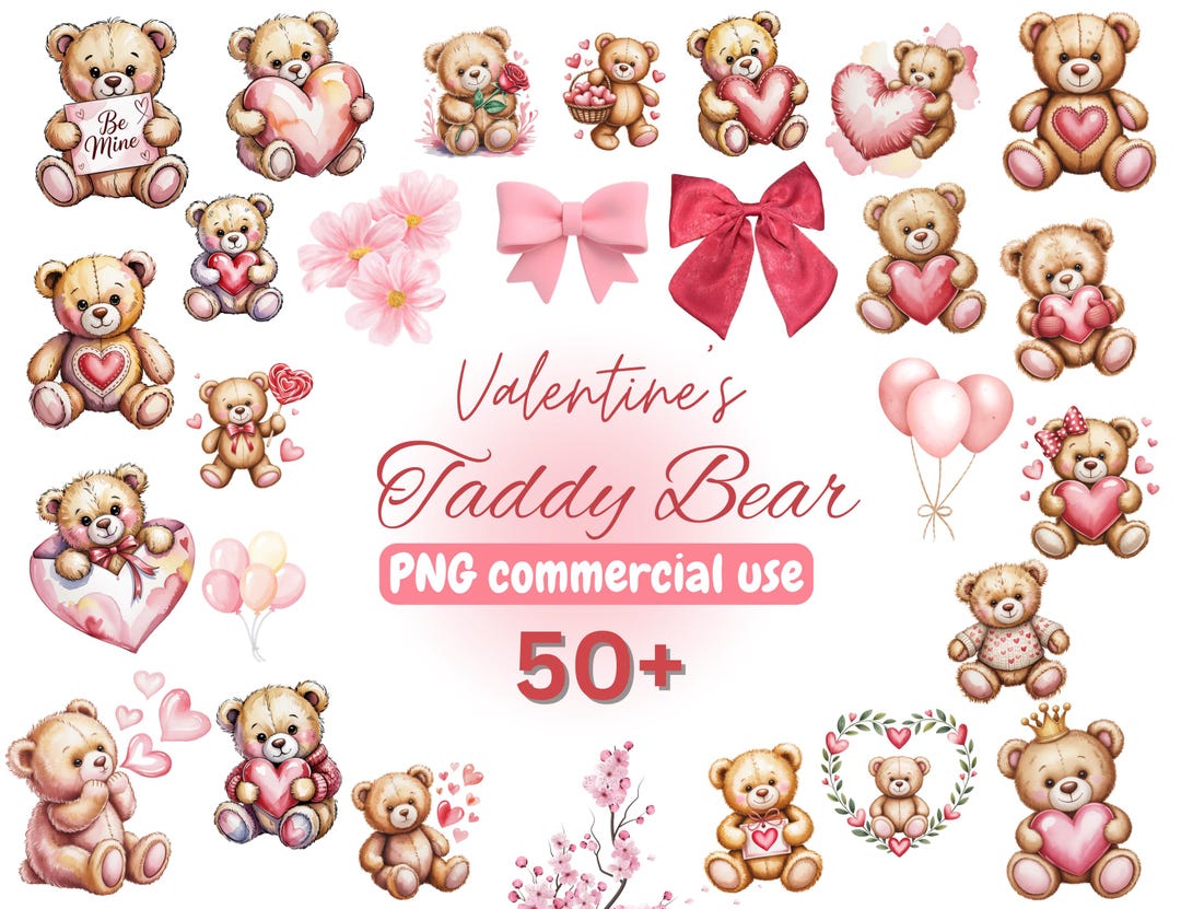 Valentine Teddy Bear PNG Bundle 50 Plus Cute Watercolor Bears ...