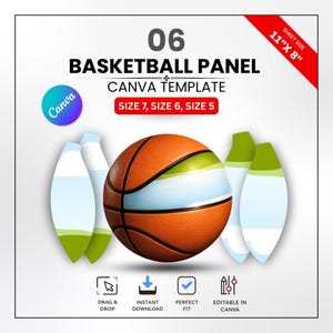 バスケットボールパネルCanvaテンプレート06、編集可能なバスケットボールパネルデザイン、サイズ5、6、7パネル、A4印刷可能シート、DIYスポーツボールテンプレート