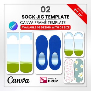 Sock Jig Template Canva, Drag & Drop Sublimation Frames, 2 Designs 8 Sizes 9-12 Inch, Adult Sock Jig, A4 Printable, DIY Custom Socks