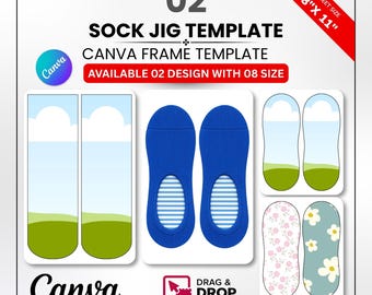 Sock Jig Template Canva, Drag & Drop Sublimation Frames, 2 Designs 8 Sizes 9-12 Inch, Adult Sock Jig, A4 Printable, DIY Custom Socks
