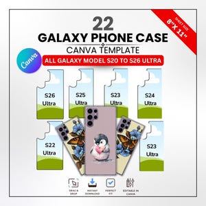 May include: A template for 22 Galaxy phone cases, compatible with S20 to S26 Ultra models. The design includes a penguin with a heart, butterflies, and blue flowers. The sheet size is 8" x 11". The template is editable in Canva.
