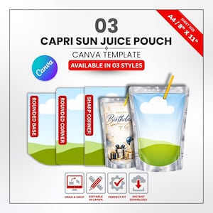 Puede incluir: Una plantilla digital para bolsas de jugo Capri Sun, con tres estilos de diseño: base redondeada, esquina redondeada y esquina afilada. La plantilla incluye el texto "Happy Birthday" en una bolsa y está disponible en tamaño A4/21cm x 29,7cm. La plantilla de Canva es de arrastrar y soltar, editable y de descarga instantánea.