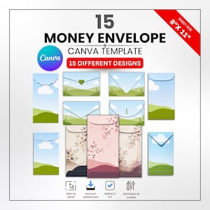 Pengakuvert Canva-mallpaket, kontantpresentkuvert SVG PNG PDF, 15 redigerbara pengahållardesigner, utskrivbar presentkuvertmall