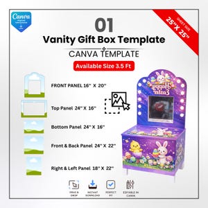 May include: A purple vanity gift box template with a bunny and chick design. The template includes dimensions for the front, top, bottom, front & back, and right & left panels. The text "Vanity Gift Box Template" is displayed.