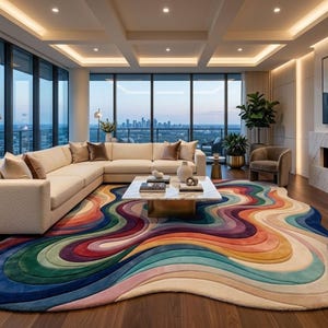 May include: A large, irregularly shaped area rug featuring a vibrant, multi-colored wavy pattern with concentric layers of blue, green, red, orange, yellow, and cream tones, positioned in a living room with a white sectional sofa and marble table.