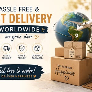 May include: A stack of brown cardboard shipping boxes sits by a door with a globe and a white airplane model on top. The text reads HASSLE FREE & FAST DELIVERY WORLDWIDE on your door, Delivering Happiness, and Feel free to order! WE DELIVER HAPPINESS.