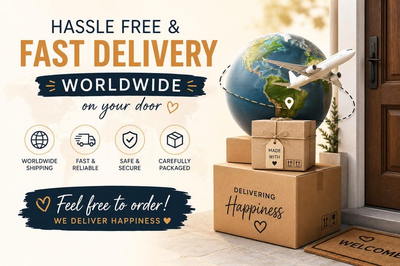 May include: A stack of brown cardboard shipping boxes sits by a door with a globe and a white airplane model on top. The text reads HASSLE FREE & FAST DELIVERY WORLDWIDE on your door, Delivering Happiness, and Feel free to order! WE DELIVER HAPPINESS.