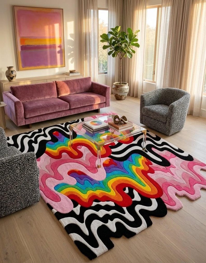 May include: A rectangular area rug featuring a vibrant, multi-colored design with wavy, liquid-like patterns in shades of rainbow, pink, black, and white. The rug has an irregular, flowing edge that mimics a melting effect across the floor.