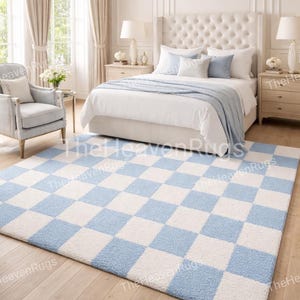 Baby Blau & Elfenbein karierter Handgetufteter Wollteppich, Weicher Plüsch Teppich, Luxus Schlafzimmer Bodendekor
