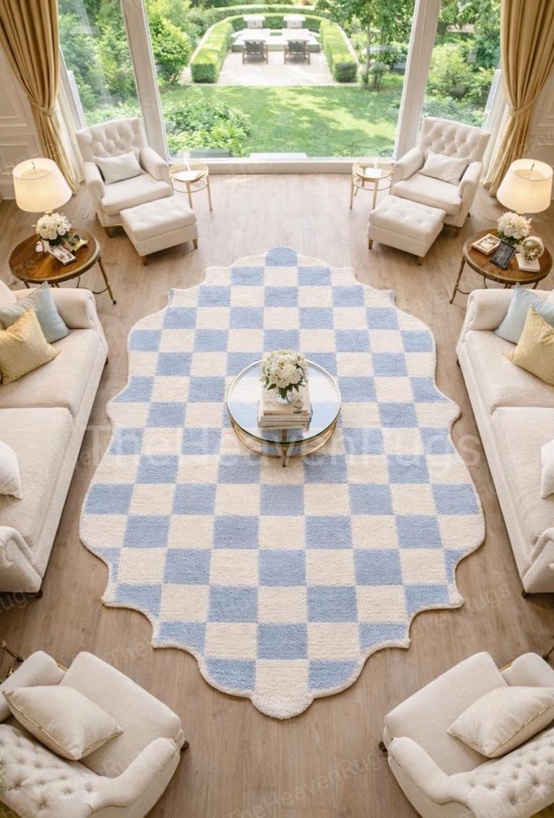 Tufted Check Rug Baby Blue & Ivory Checkered Hand Tufted Wool Rug, Irregular Scalloped ...