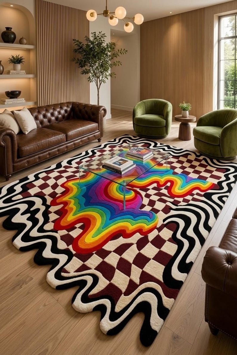 Modern Melted Checkerboard Wool Rug | Hand-Tufted Psychedelic Rainbow Drip Area Rug, Irregular Wavy Shape Art Statement