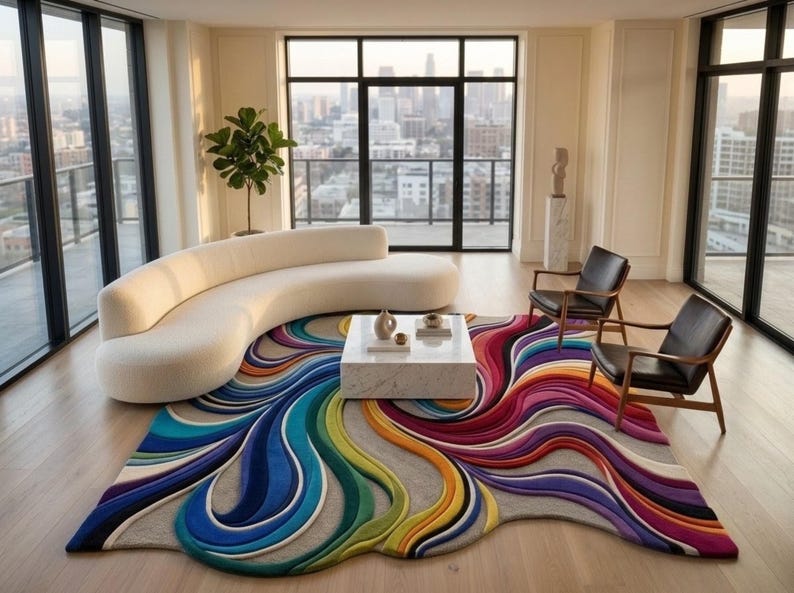 Colorful Abstract Area Rug, Wavy 3D Sculpted Wool Carpet, Modern ...