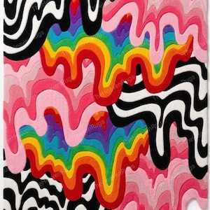 ​A vibrant hand-tufted wool area rug featuring a maximalist psychedelic melting drip design. The abstract floor art includes hypnotic black and white wavy stripes, a cascading rainbow color melt, and plush pink liquid drips finishing with an irregular custom-cut edge.